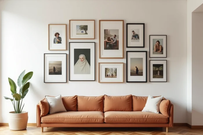 Mur décoratif avec accumulation de cadres en composition asymétrique mêlant formats, matières et styles différents