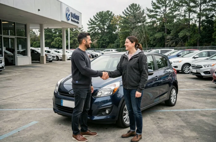 Acheteur et vendeur se serrant la main devant un SUV dans un parking de concessionnaire automobile, transaction réussie