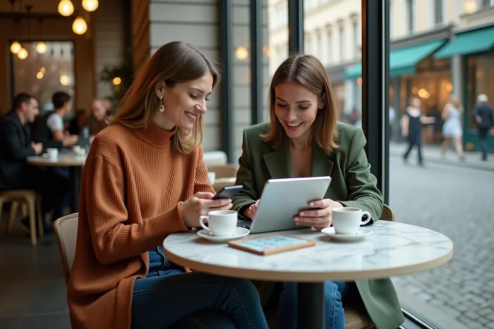Deux femmes comparant des articles tendance sur smartphones et tablette dans un café urbain contemporain