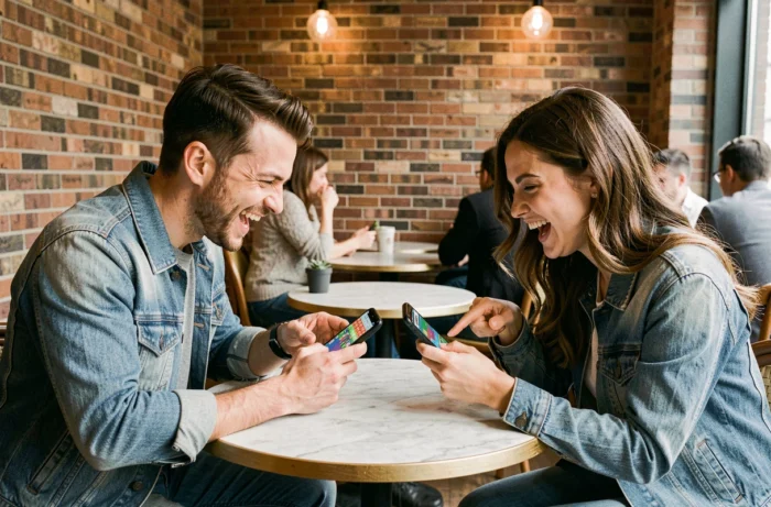 Deux amis en compétition sur Monopoly Go dans un café urbain, comparant leurs stratégies et scores sur leurs smartphones