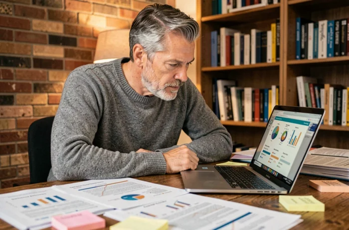 Entrepreneur analysant des documents de recherche de marché pour identifier la nouveauté réelle d'un produit face aux innovations existantes