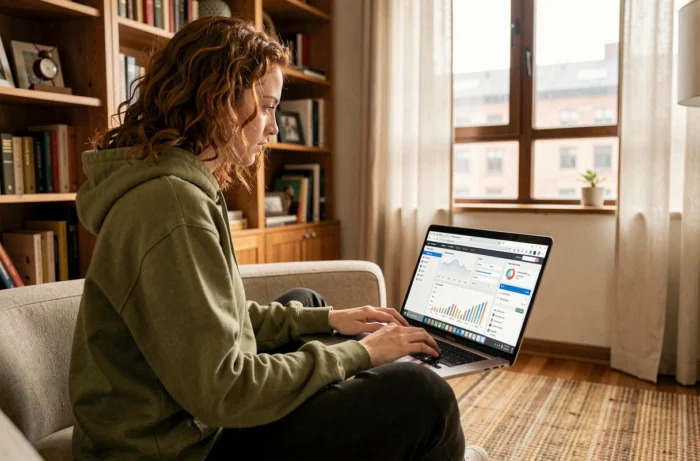 Freelance web analysant les performances et caractéristiques d'un site en ligne depuis son bureau à domicile sur un ordinateur portable