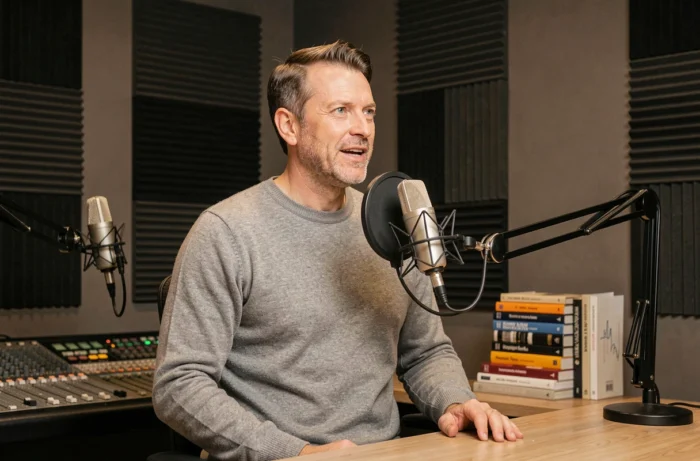 Animateur de podcast masculin enregistrant une émission dans un studio de communication professionnel