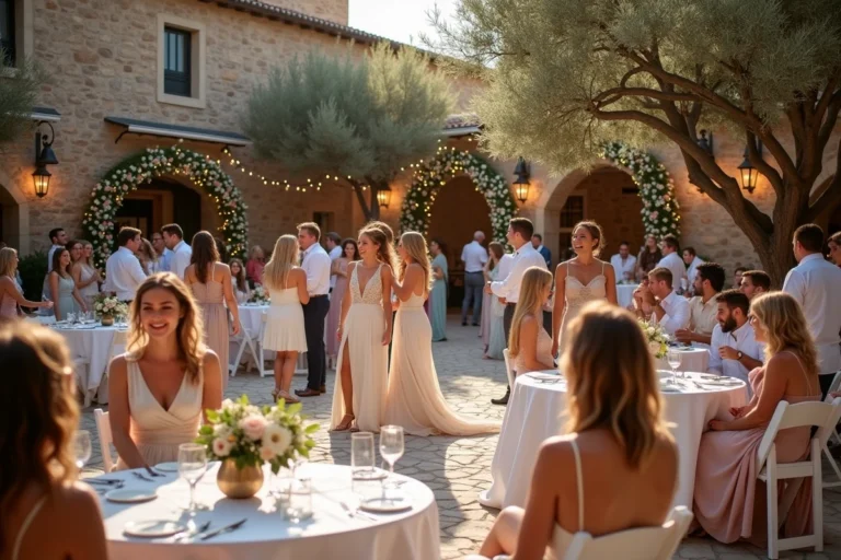 Vue d'ensemble d'une réception de mariage festive en plein air avec des invités souriants, des arches florales et des guirlandes lumineuses