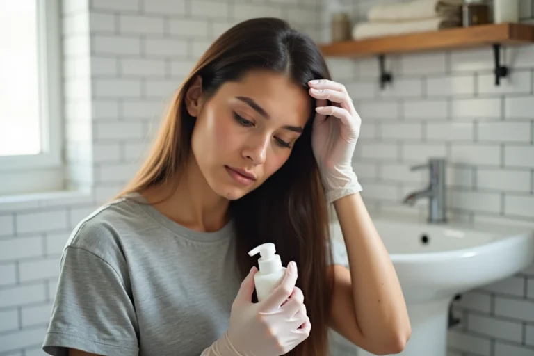 Femme appliquant un traitement Vermogal sur ses cheveux dans une salle de bain propre et moderne