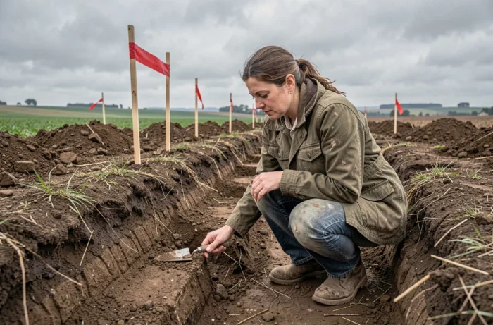 Archéologue sur un chantier de fouilles préventives en milieu rural, examinant une coupe stratigraphique dans une tranchée