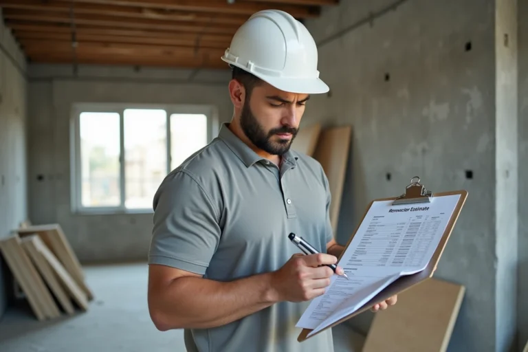 Artisan du bâtiment examinant un devis de rénovation sur chantier avec matériaux en arrière-plan
