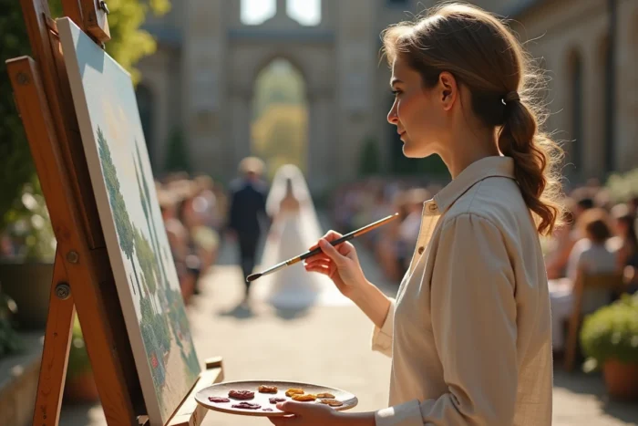Artiste peintre femme travaillant en direct sur une toile impressionniste lors d'une cérémonie de mariage en plein air