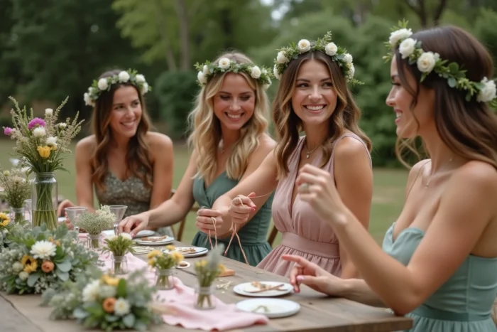 Invitées confectionnant des couronnes de fleurs et boutonnières lors d'un atelier floral pendant le cocktail de mariage