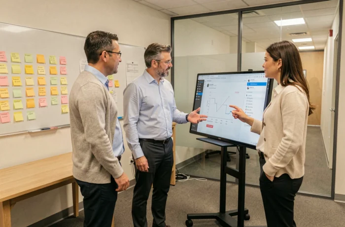 Groupe de salariés participant à un atelier de formation numérique autour d'un écran tactile interactif en salle de réunion
