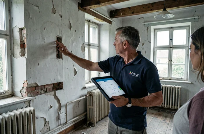 Un auditeur énergétique inspecte l'intérieur d'une maison classée énergivore avec une tablette en main