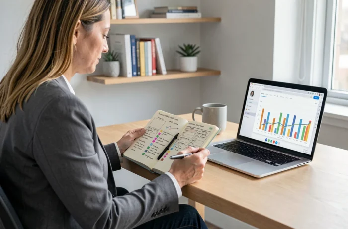 Femme effectuant un audit de ses habitudes de bien-être avec un carnet de suivi et un tableau de bord numérique