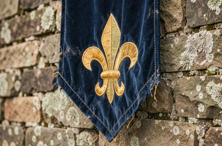 Bannière royale en velours bleu brodée d'une fleur de lys dorée accrochée sur un mur de pierre de château médiéval