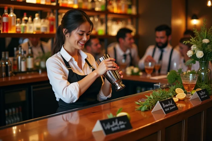 Bar à cocktails personnalisés avec les prénoms des mariés, tenu par une barmaid souriante lors d'une réception de mariage