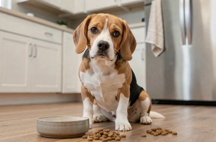 Beagle curieux assis dans une cuisine moderne regardant son bol de croquettes, guide des races de chiens et alimentation
