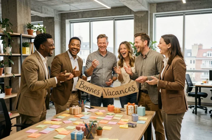 Groupe de collègues souriants réunis autour d'un bureau décoré pour souhaiter de bonnes vacances au bureau