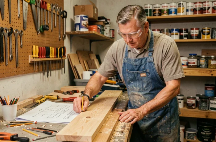 Un homme bricoleur mesurant une planche en bois dans son atelier de garage avec des outils manuels