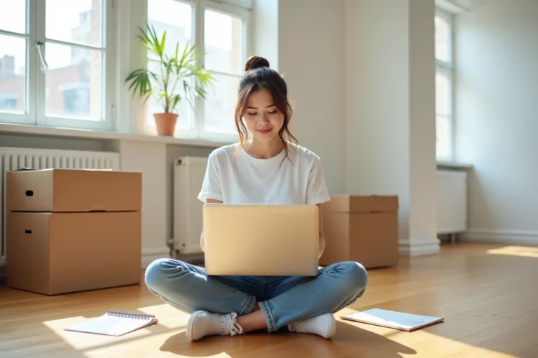 Jeune femme assise sur le parquet d'un appartement vide entourée de cartons et d'un budget manuscrit pour son premier emménagement