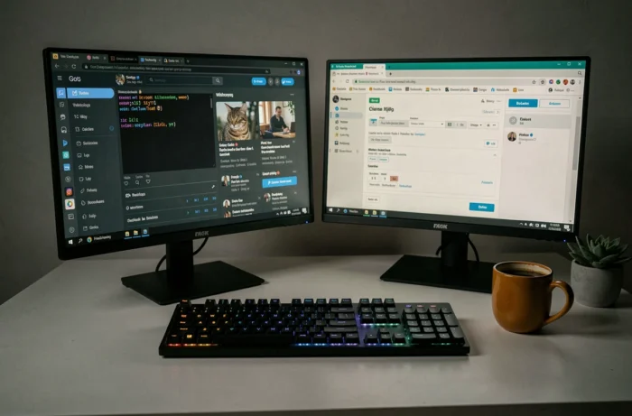 Configuration de bureau avec deux écrans affichant une interface alternative à Twitter en mode sombre et un terminal web