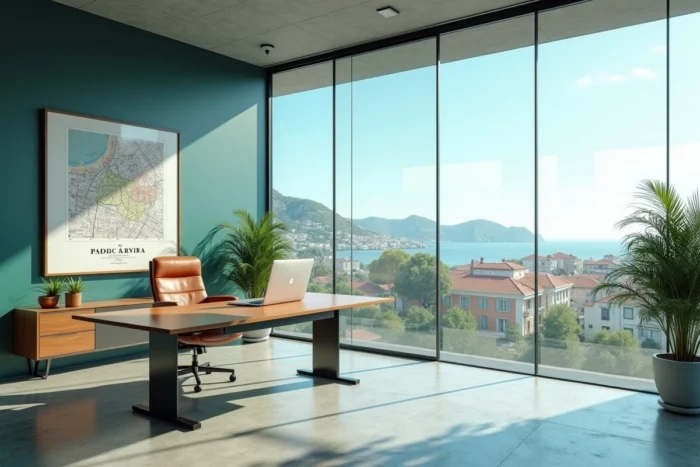 Bureau exécutif moderne avec vue sur la Côte d'Azur symbolisant les affaires et le business politique à Nice