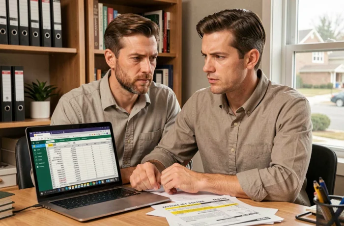 Un homme calcule son budget immobilier en incluant les frais de notaire sur une feuille de calcul