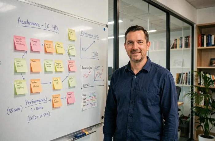 Consultant UX présentant les caractéristiques essentielles d'un site web réussi sur un tableau blanc dans une salle de réunion de startup