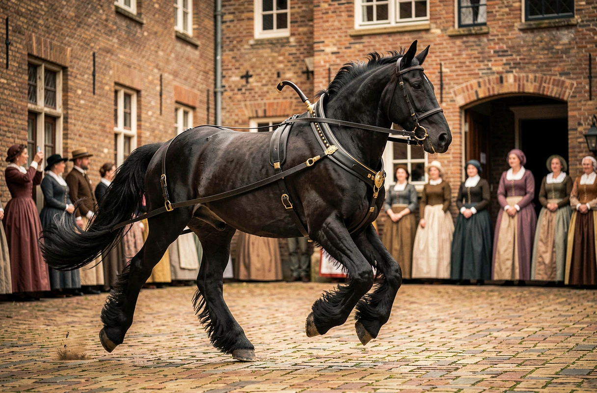 Cheval frison noir au trot avec harnais traditionnel dans une cour pavée, démonstration d'attelage lors d'un festival du patrimoine équestre