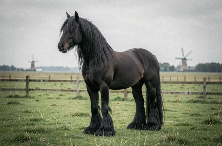 Cheval frison noir en liberté dans un pré hollandais, crinière et fanons au vent, silhouette majestueuse sur fond de paysage verdoyant