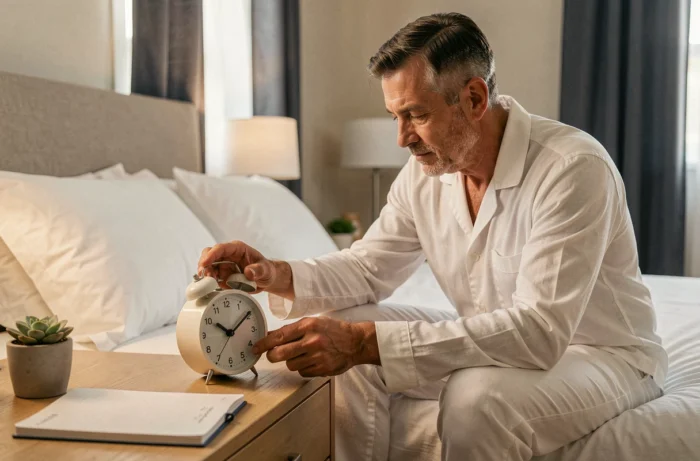 Homme ajustant son réveil analogique pour recaler son horloge interne et améliorer la chronobiologie du sommeil