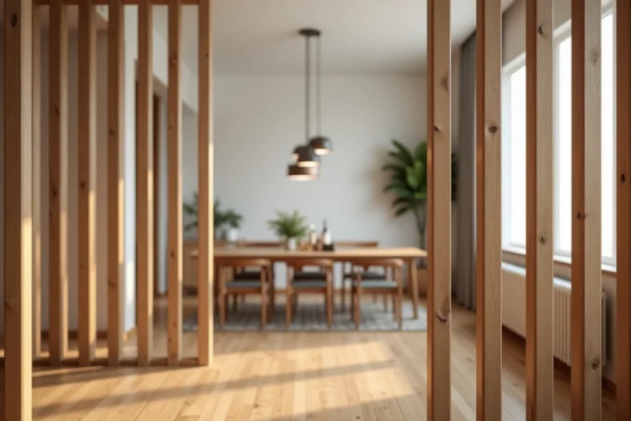 Claustra intérieur en bois aux lattes verticales séparant un salon et une salle à manger dans un appartement ouvert