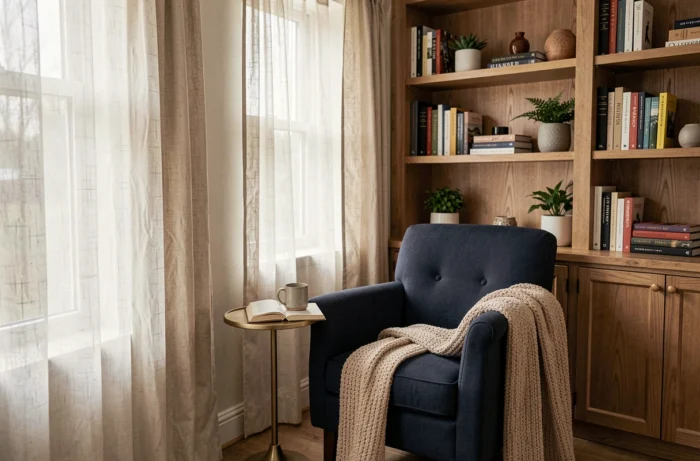 Coin lecture cosy avec fauteuil bleu marine, plaid tricoté, bibliothèque en bois et grande fenêtre avec rideaux en lin, ambiance chaleureuse et agréable