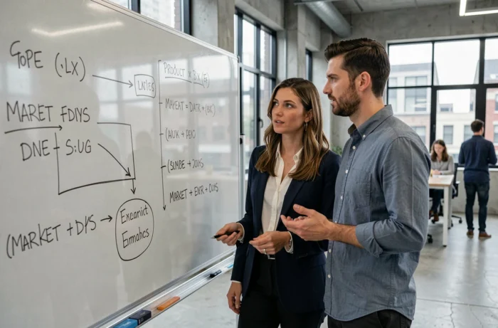 Deux professionnels comparant des chronologies de produits sur un tableau blanc pour distinguer une vraie innovation d'une offre déjà existante sur le marché