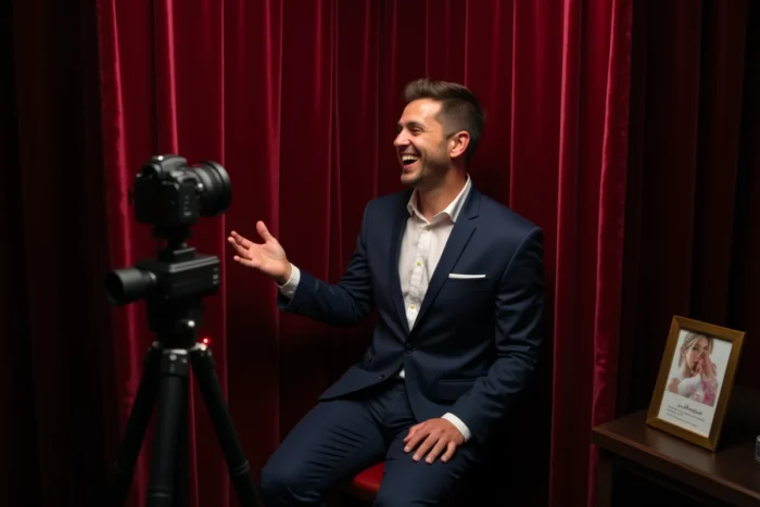 Invité souriant enregistrant un message vidéo spontané dans un confessionnal vidéo installé lors d'un mariage