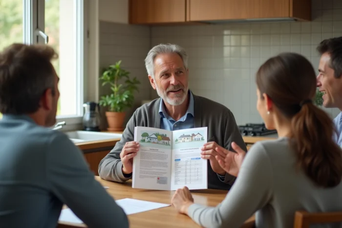 Conseiller en assurance habitation présentant un comparatif de contrats à une famille dans une maison française