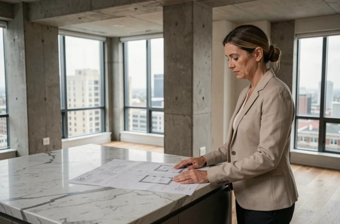 Femme consultant des plans d'appartement sur un îlot de cuisine moderne dans un appartement contemporain