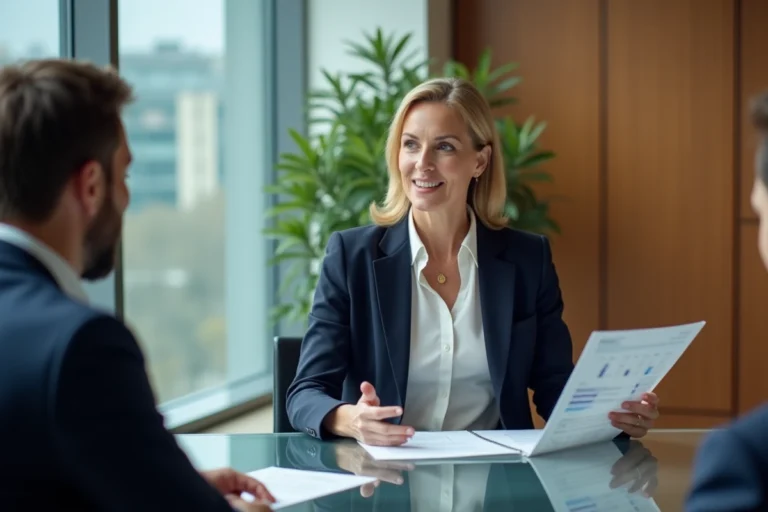 Consultante en affaires présentant une stratégie sur-mesure à un client dans un bureau moderne