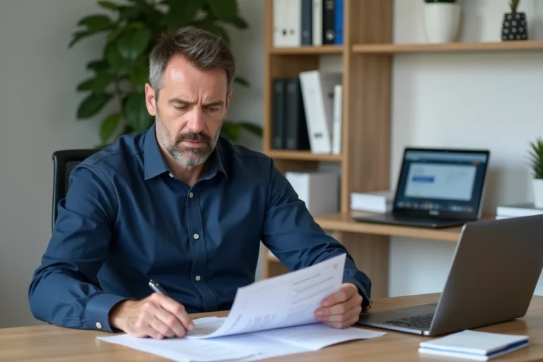 Homme consultant des documents immobiliers sur un bureau, vérifiant la liste noire des promoteurs immobiliers en France