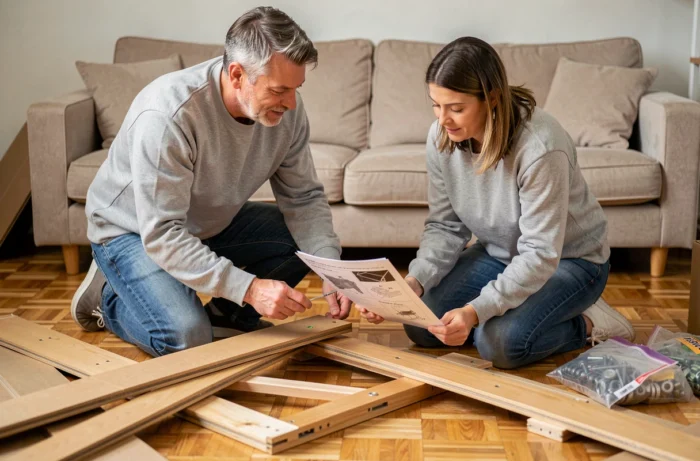 Un couple assemblant des meubles en kit sur le parquet de leur appartement avec notice d'instructions