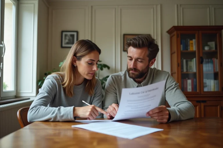 Couple français comparant des contrats d'assurance habitation à leur table de salle à manger dans un appartement haussmannien