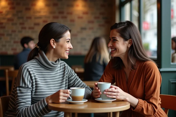 Deux femmes en couple savourant un café ensemble dans un bistrot parisien chaleureux