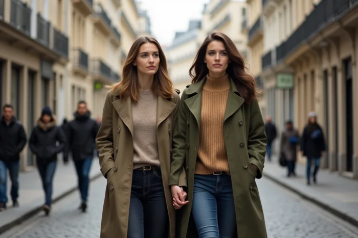Deux femmes amoureuses marchant main dans la main dans une rue pavée de Paris