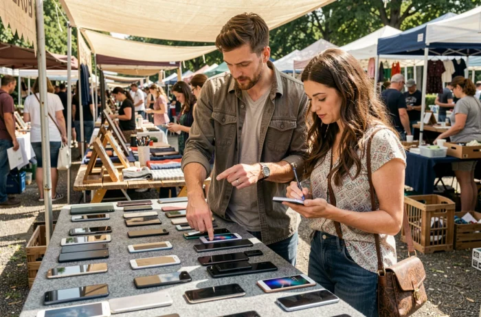 Deux personnes inspectant un Huawei P10 Lite d'occasion sur un stand de marché aux puces le week-end