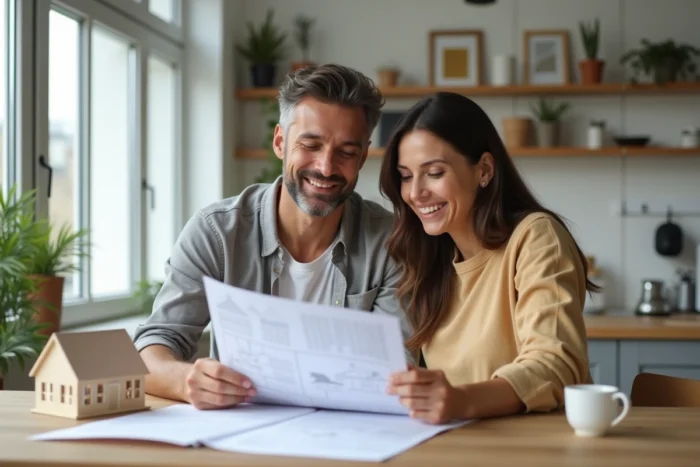 Couple examinant des documents immobiliers à une table en bois dans un appartement moderne