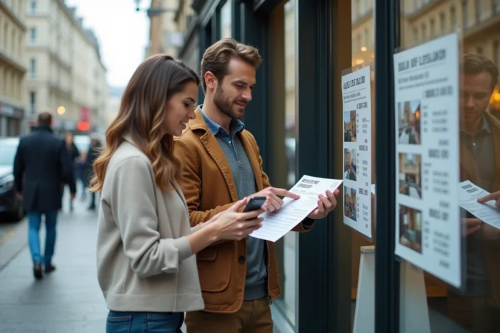 Couple de jeunes adultes devant une agence immobilière comparant les prix des loyers pour leur premier appartement en ville