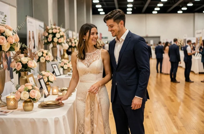 Un couple visitant un salon du mariage, admirant des idées de décoration et de centres de table lors d'une exposition nuptiale.
