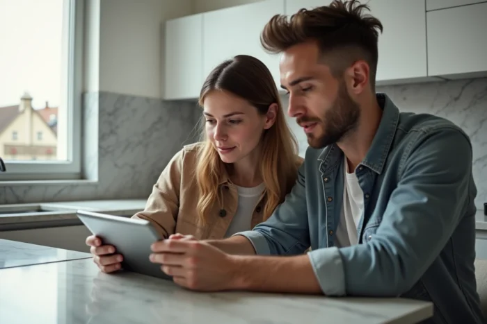 Couple vérifiant la liste noire des promoteurs immobiliers en ligne avant un achat immobilier en France