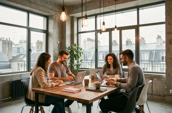 Professionnels collaborant dans un espace de coworking moderne à Paris avec vue sur les toits parisiens