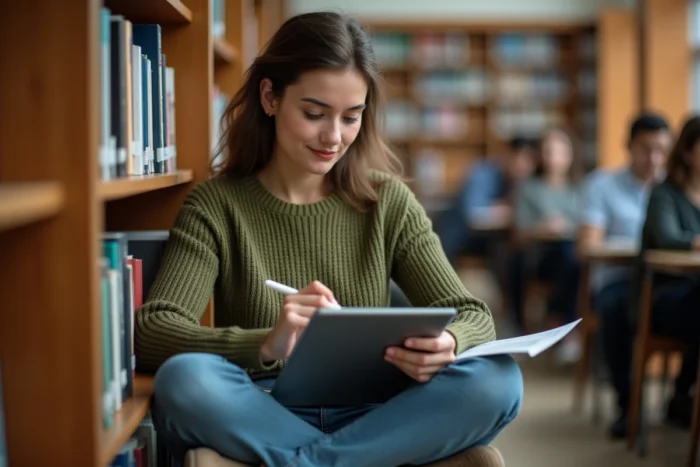 Étudiante ou enseignante configurant sa signature sur la messagerie académique depuis une tablette en bibliothèque universitaire