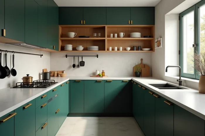 Cuisine moderne aux façades mates vert foncé et aux étagères ouvertes en bois clair, avec plan de travail en pierre honnée