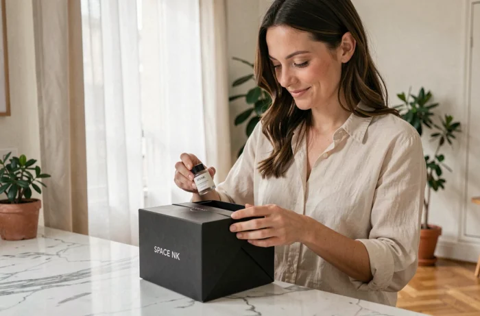 Femme déballant une commande Space NK dans un appartement parisien moderne, expérience de livraison en France